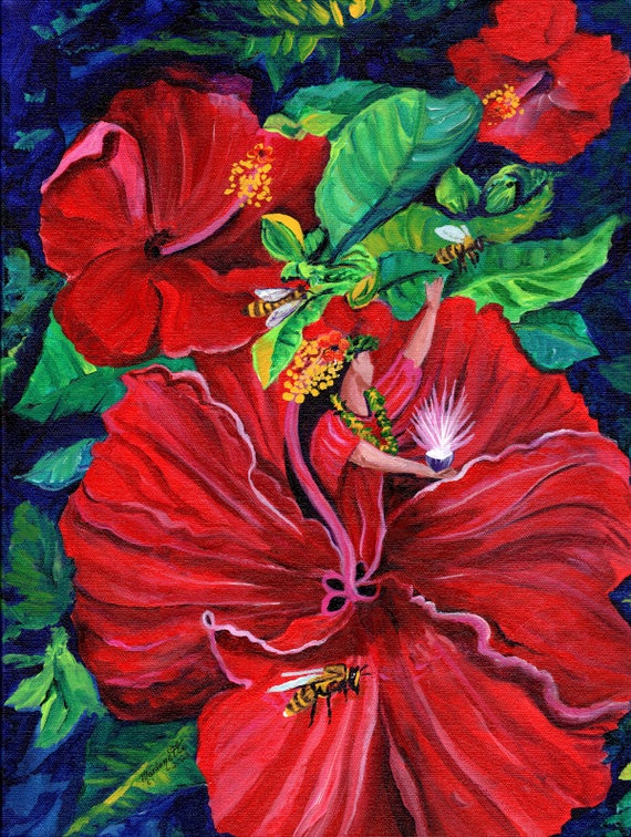 Goddess of Compassion, Fine Art Print, Hawaiian Art, Hula, Red Hibiscus, Tropical Flowers, Bees, Divine Feminine, Love Healing, Kauai Decor