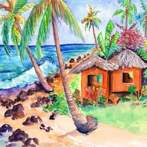 tropical cottage prints,  hawaiian vacation art, hawaiiana art,  tropical beach hut, Kauai beach paintings, Hawaii art, Hawaiian artwork