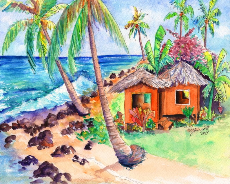 tropical cottage prints Hawaiian artwork hawaiian vacation art Kauai beach paintings hawaiiana art tropical beach hut Hawaii art