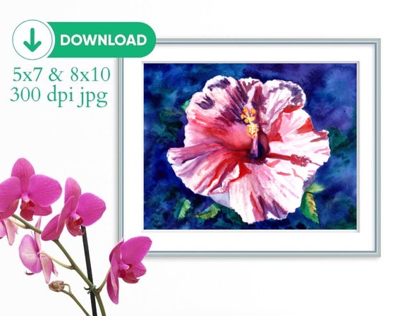 Pink Hibiscus, Digital Print jpg, Downloadable, Hawaiian Tropical Flowers, Watercolor Hibiscus, Hawaii Decor, 5x7 8x10, Kauai Oahu Maui