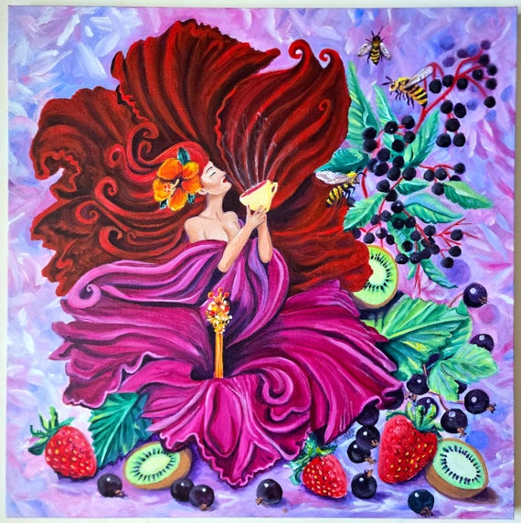 Hibiscus Goddess,  Kauai Hawaii Original Acrylic Painting, Woman with Flowers, Bees, Strawberries, Kiwi, Black Currant, and Elderberries