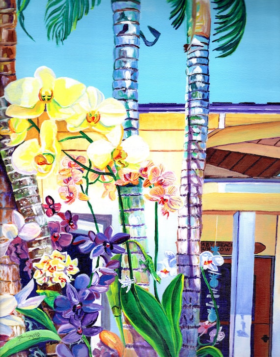 Tropical orchid art, orchid print, cottage with orchids, tropical flower art, hawaii decor, hawaiian wall art, orchids on palm trees