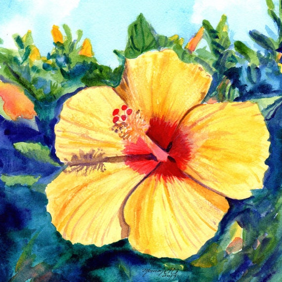 Yellow Hibiscus Art Print, Hawaiian Wall Decor, Kauai Oahu Maui Hawaii, Hula Girl Flower, Tropical Painting, Aloha Mahalo