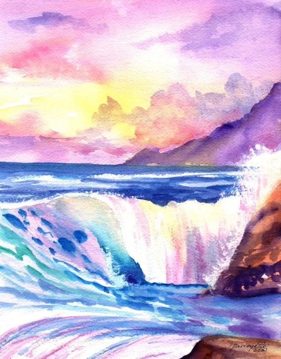 Polihale Beach Fine Art Print from Kauai Hawaii, Hawaiian wall decor, Watercolor, Surf Wave, tropical gifts