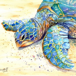 Impresión artística de tortuga marina - Arte de Kauai - Pintura hawaiana Honu - Arte mural infantil - Decoración oceánica - Impresión giclée de animales - Arte playero