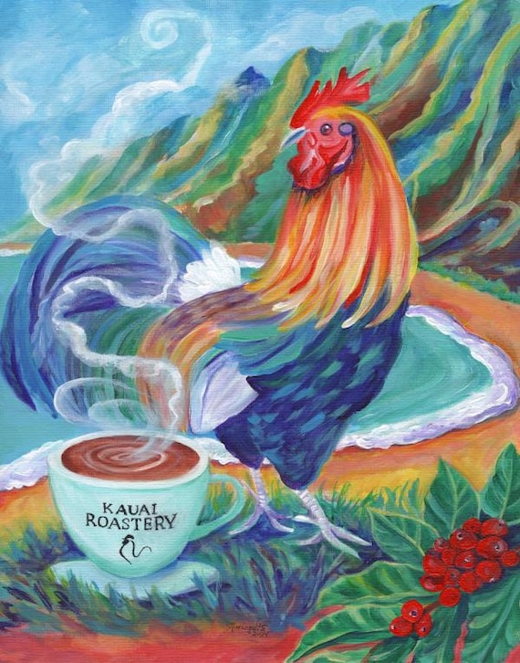 Kauai Rooster with Coffee at Na Pali Coast Fine Art Print