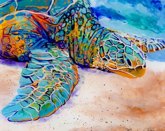 Colorful Sea Turtle Square Art Print Hawaiian Decor Kauai Artist Hawaii Wall Art