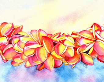 Plumeria Art, Plumeria Print, Plumeria Lei, Tropical Flowers, Frangipani, Kauai Art, Hawaii Painting, Plumeria Painting, Hawaiian Decor