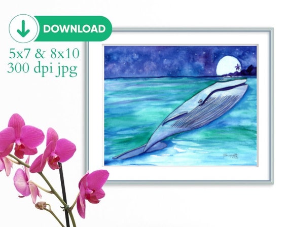 Blue Whale, Digital Print jpg, Ocean Decor, whale with moon, whale painting, downloadable, printable, art print, hawaii kauai maui, nursery