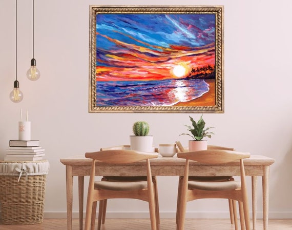 Kauai Sunset Painting, Hawaiian Art, Kauai Art Print, Hawaii Wall Art, Tropical Scenery, Vibrant Sunset, Beach,  Glowing, Salt Pond Beach