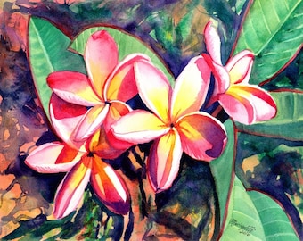 May include: Watercolor painting of pink and yellow plumeria flowers with green leaves. The flowers are in bloom and have a delicate, tropical feel.