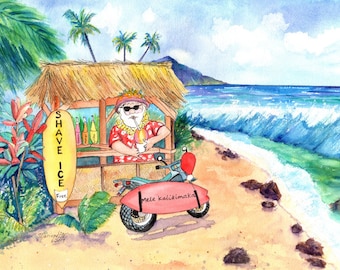 Hawaiian Santa Art, Mele Kalikimaka Print, Hawaii Christmas, Christmas Decor, Tropical Santa, Beach Santa, Hawaii Gift, Made in Hawaii