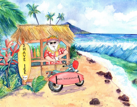 Mele Kalikimaka Cottage Hawaiian Santa Art Print from Kauai, Hawaii by Marionette Taboniar