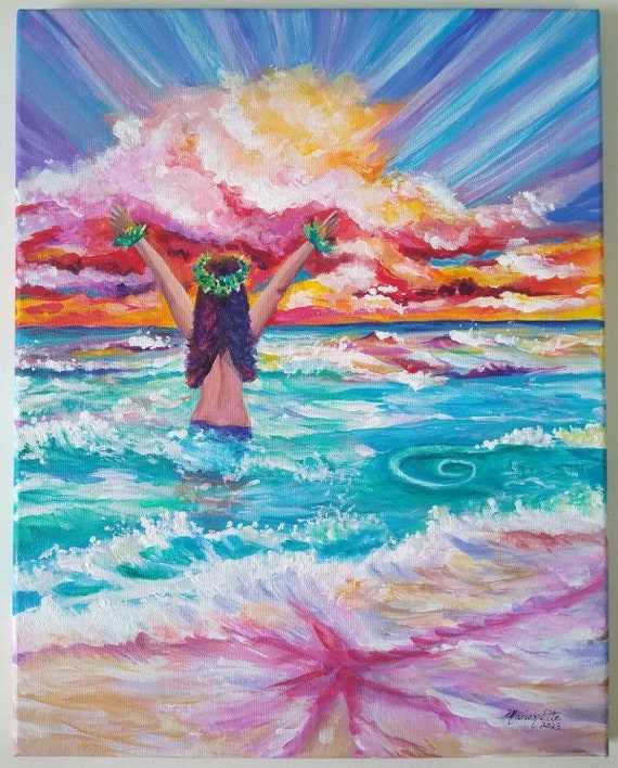 Kauai Woman in the Ocean Original Acrylic Painting, Hawaiian Seascape at Sunrise