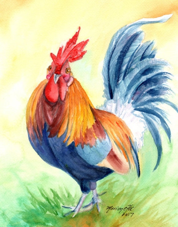 Rooster Painting, Rooster Print, Rooster Art, Chickens Roosters, Chicken Paintings, Kauai Art, Kitchen Decor, Barnyard Chickens, Farm art