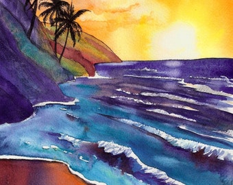 sunset painting, kauai na pali coast, Kauai print, tropical beach, hawaiian decor, hawaii beaches, sunset watercolor art, sunset decor