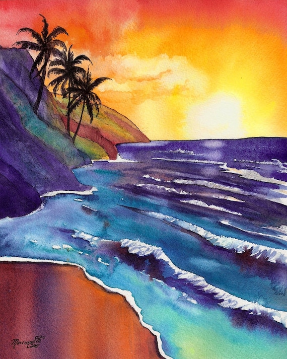 sunset painting, kauai na pali coast, Kauai print, tropical beach, hawaiian decor, hawaii beaches, sunset watercolor art, sunset decor