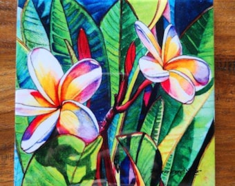 Plumeria Ceramic Tile, Kauai Hawaii Art by Marionette, Trivet