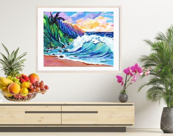 Large Art Print, Tropical Na Pali Coast of Kauai, 16x20 18x24 24x30, Hawaiian Art, Kauai Decor, Hawaii Prints, Tropical Sunset, Seascape