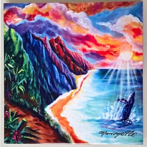 May include: Colorful coastal landscape painting featuring a vibrant sunset over the ocean. The artwork depicts a beach with a whale breaching the water, mountains, and lush greenery. The sky is filled with shades of red, orange, and purple.