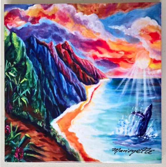 A Whale's Welcome Ceramic Tile, Kauai Hawaii Art by Marionette, Trivet