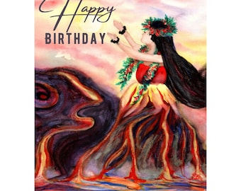 DIY Hawaiian Birthday Card, Printable, Pele Fire Goddess, Greeting, PDF 5x7, print it yourself, download, lava, ocean, girl woman