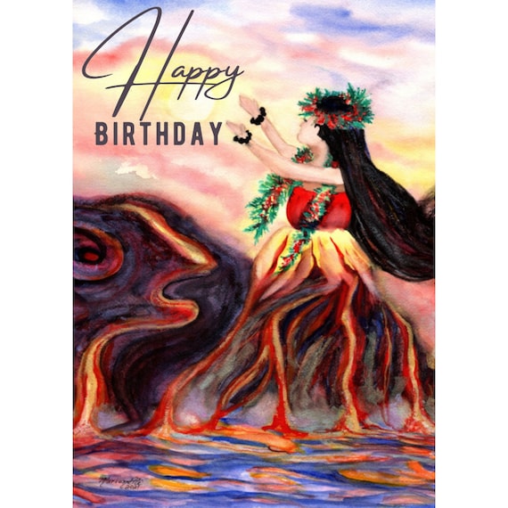 DIY Hawaiian Birthday Card, Printable, Pele Fire Goddess, Greeting, PDF 5x7, print it yourself, download, lava, ocean, girl woman