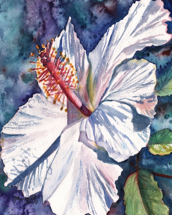 White Hibiscus Art Print, tropical hibiscus art, Kauai Hawaii, Hawaiian flowers, Hawaiian flower art, Hibiscus giclee prints