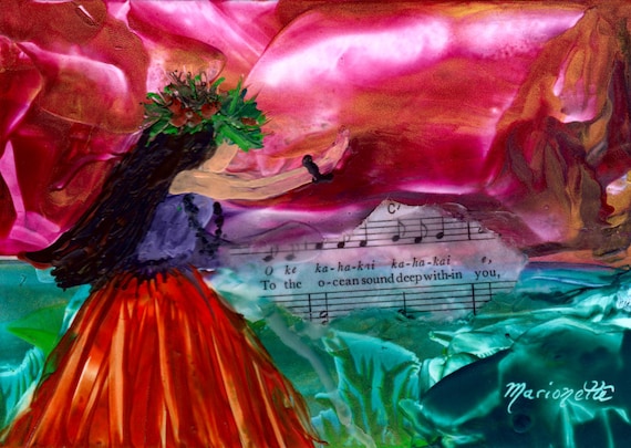 Hula art print, Hula Girl Decor, Hawaiian Hula Art, Hula Paintings, Hawaiian Language, Music Lyrics, Encaustic Art Print, Hawaii Art