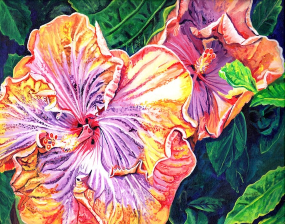 Tropical Hibiscus, Hawaii Painting, Orange Yellow Purple Hibiscus, Hawaii Wall Art, Hawaiian Decor, Oahu Maui Kauai Art