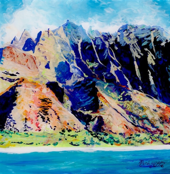 Kauai landscape art, Kauai mountains, Kauai Na Pali Coast, square art print, Kauai by boat, Kauai seascape painting, Kauai art, Kauai prints