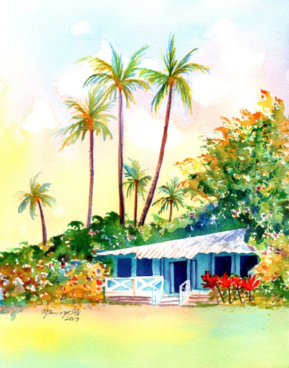 Cottage Art, Cottage Print, Hawaiian Vacation Cottage, Hawaiian Art, Hawaii Print, Waimea Cottages, Kauai Plantation Cottage, Hawaii House