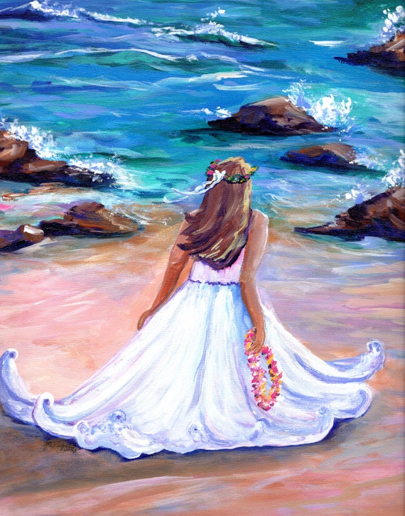 Kauai Beach Art Print with Wahine, Hawaiian Paintings, Lover Dreamer, Hawaii Seascape, Plumeria Lei, By the Sea or Ocean, Girls Room Decor