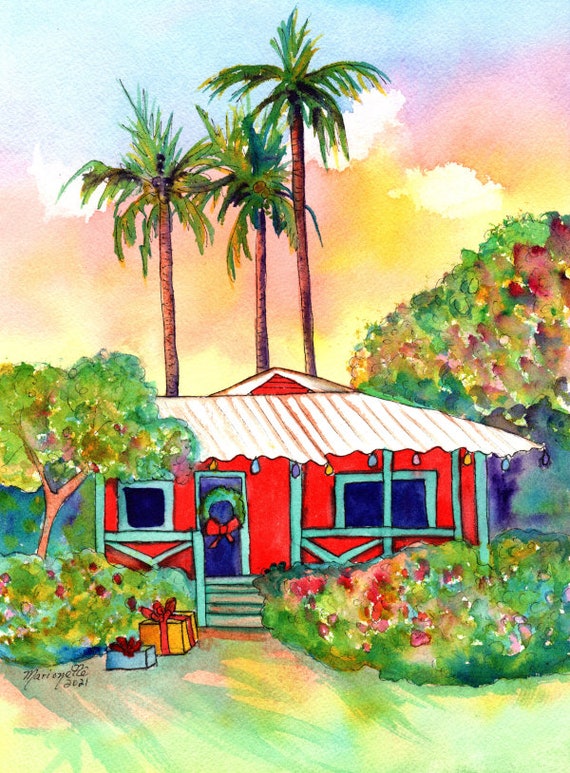 Mele Kalikimaka Kauai Cottage, Plantation House, Original Watercolor, Kauai Art, Hawaii Decor, Hawaiian Christmas, Waimea Cottages, Vacation