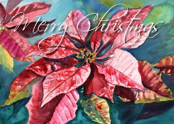 Merry Christmas Poinsettia Printable DIY Christmas card 5x7 pdf from Kauai Hawaii pink red flower holiday Hawaiiana Greeting Cards