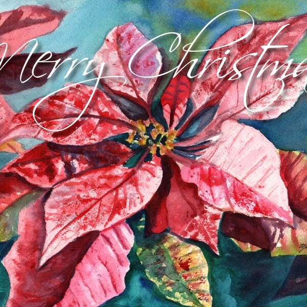 Merry Christmas Poinsettia Printable DIY Christmas card 5x7 pdf from Kauai Hawaii pink red flower holiday Hawaiiana Greeting Cards