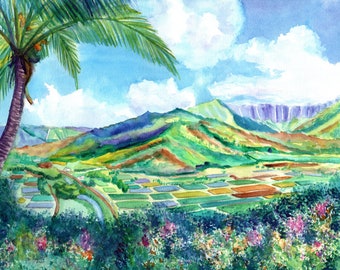 May include: Watercolor painting of a tropical landscape featuring a palm tree, lush green mountains, and a valley with colorful fields. The sky is blue with fluffy white clouds, and flowers bloom in the foreground.
