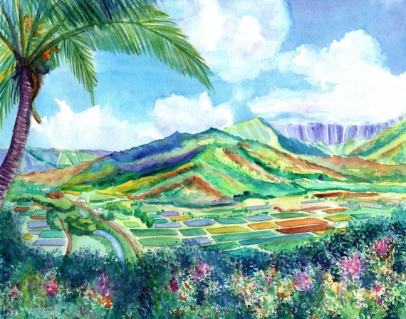 Hanalei Valley Print, Hanalei Lookout, Kauai Painting, Kauai Art, Kauai North Shore, Hawaii Art Print, Hawaiian Painting, Kauai Taro Fields