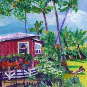 May include: An acrylic painting shows a red building with white-framed windows and a white fence, surrounded by green foliage and tall palm trees. A chicken is in the foreground. The sky is blue with white clouds.