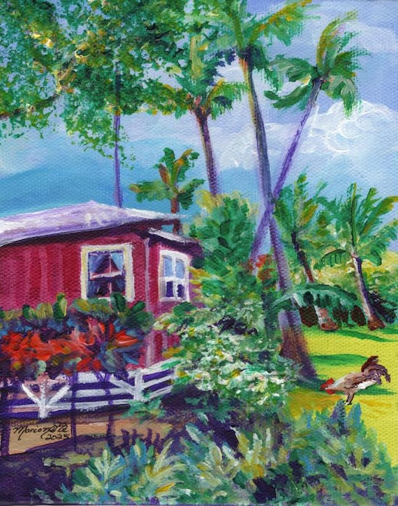 Kauai Red Plantation Cottage with Rooster Art Print from Kauai Hawaii, Tropical Palm Trees