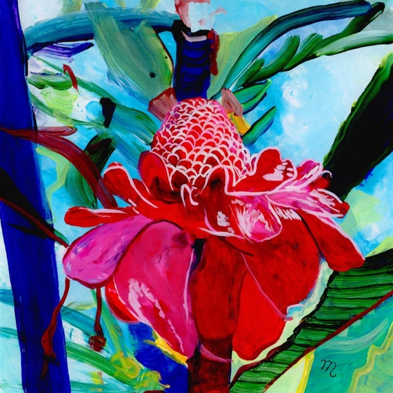 Torch Ginger Original Reverse Acrylic Painting Kauai Hawaii Etsy