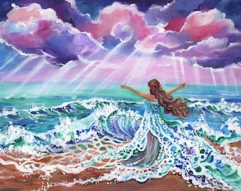 Hawaiian Seascape Art Print, Kauai Beach, Ocean Wave Painting, Sea Ocean Goddess, Namaka