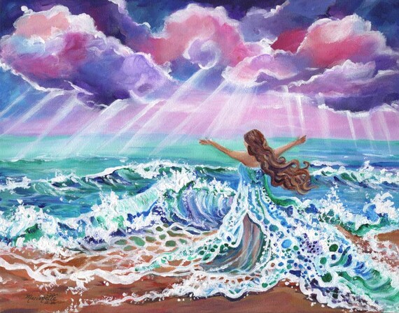 Hawaiian Seascape Art Print, Kauai Beach, Ocean Wave Painting, Sea Ocean Goddess, Namaka