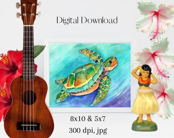 Swimming Sea Turtle Downloadable Print jpg, Ocean Decor, wall art, honu, digital download, printable, art print, hawaii kauai oahu maui