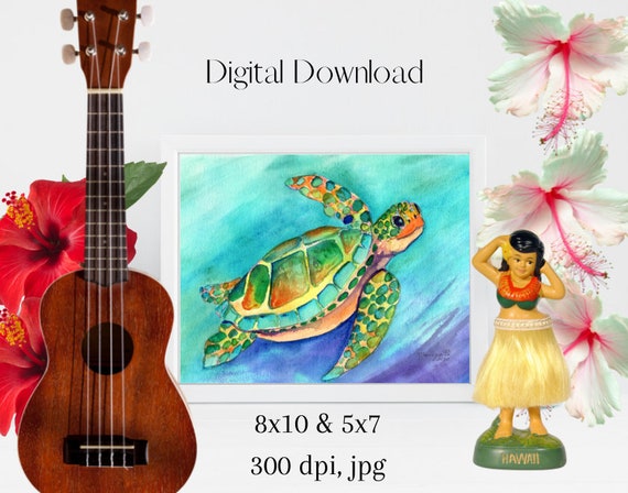 Swimming Sea Turtle Downloadable Print jpg, Ocean Decor, wall art, honu, digital download, printable, art print, hawaii kauai oahu maui