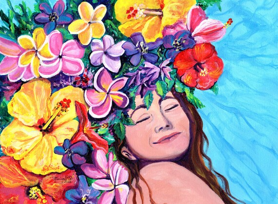 Tropical Flowers with Woman,  Kauai Original Acrylic Painting, Plumeria, Hibiscus, Bliss, Happiness, Hawaii Wall Art, Hawaiian Painting