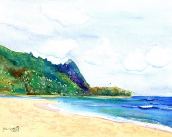 Tunnels Beach Kauai, Kauai Art Print, Kauai Prints, Tunnels Beach, Hawaii Art, Hawaiian Art, Makana Mountain, Hanalei Kauai, North Shore
