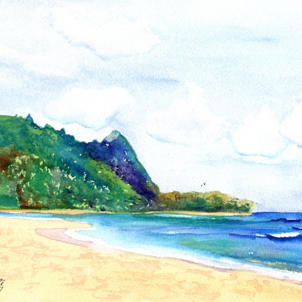 Tunnels Beach Kauai, Kauai Art Print, Kauai Prints, Tunnels Beach, Hawaii Art, Hawaiian Art, Makana Mountain, Hanalei Kauai, North Shore