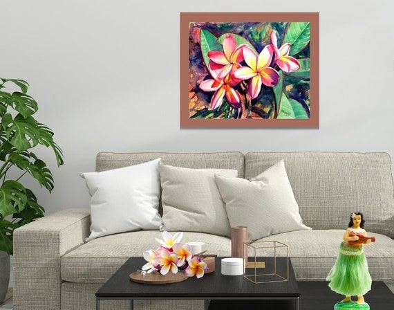 Large Art Print, Pink and Yellow Plumeria, 16x20 18x24 24x30, Hawaiian Art, Hawaii Prints, Frangipani, Aloha lei, hawaii flower, tropical