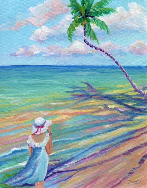 Enchanted Woman with Hat Walking the Beach on Kauai Hawaii Fine Art Print